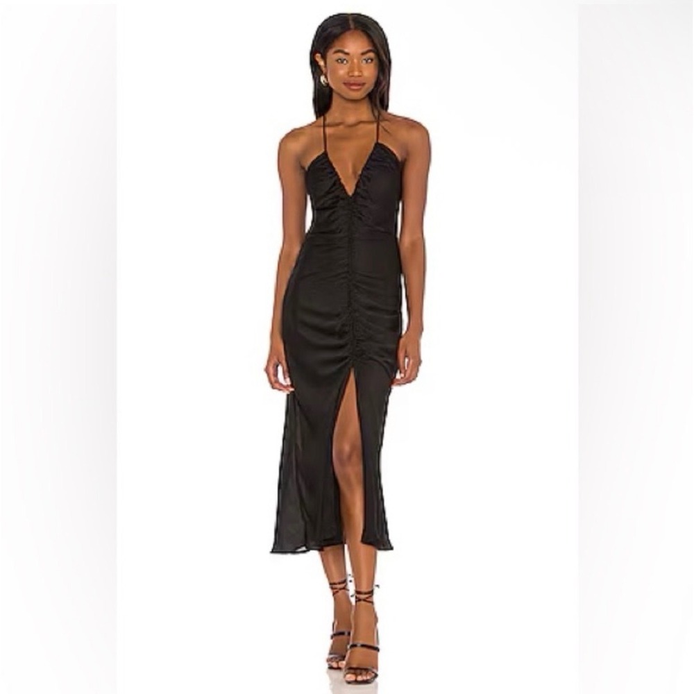 Free People Nothing Better Midi Slip Dress Black Ruched Slit XS